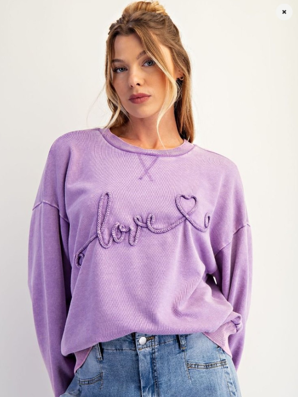Easel Lavender Pink Love Textured rope design Cotton Crew neck Long Sleeve Top